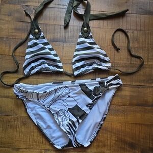 Striped Olive and White Bikini Set Size Medium
